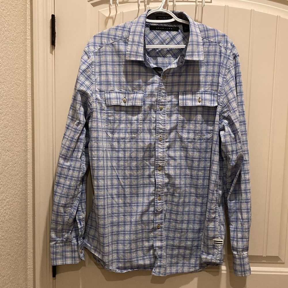 Sean John Mens Sz XXL Blue Plaid Button Down Casual Dress Long Sleeves Shirt Vtg